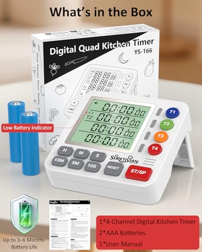 Digital Kitchen Timer with 4 Channel, Loud Alarm and Silent Mode | Magnetic Cooking Timer with Count Up & Countdown for Kids and Seniors, Large Display to Read, Auto Memory, Battery Included - color: White