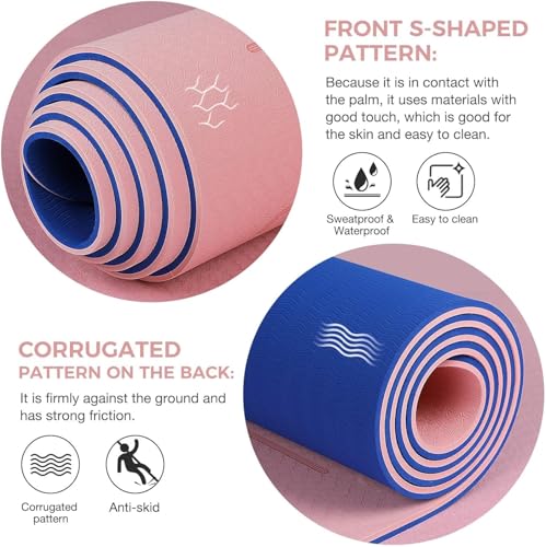 Gruper Yoga Mat Non Slip TPE Extra Wide Yoga Mat with Alignment Mark, 72"L x 32"W x 0.32"/0.24"Th (183cm x 80cm x 8mm/6mm), Anti-Tear Exercise Mat with Carrying Strap and Bag, Workout Mats for Yoga, Pilates - color: PINK BLUE, size: 0.32*32*72 Inches