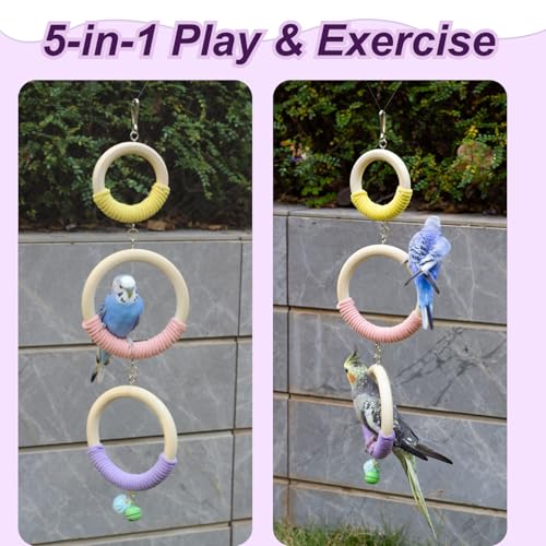 3-Ring Bird Wooden Swing with Bell Climbing Toy Chewable Cotton Rope Perch for Cage Cockatiels Budgies Parakeets Lovebirds 17 Inch
