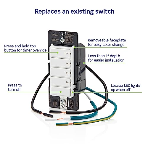 Leviton Countdown Timer Switch for household lights, heaters and exhaust fans, 2-4-8-12 hour, No Neutral Wire Required, Single Pole, 15A, 1/2 HP/9.8A Fan/Motor, DT112-1LW, White - style: 2-4-8-12 hour, No Neutral Required