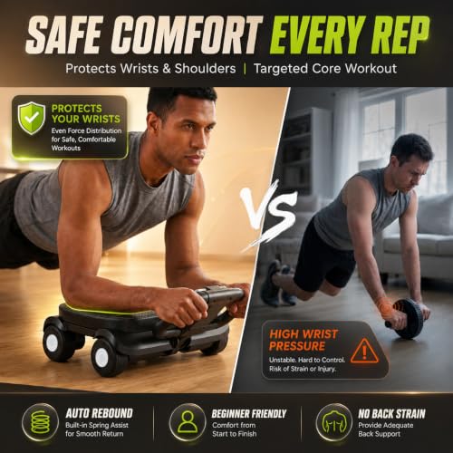 EAST MOUNT Ab Roller Wheel - Ab Roller with Elbow Support for Core Workout Belly Fat Automatic Rebound Abdominal Wheel for Women Men Home Gym Equipment - color: Black