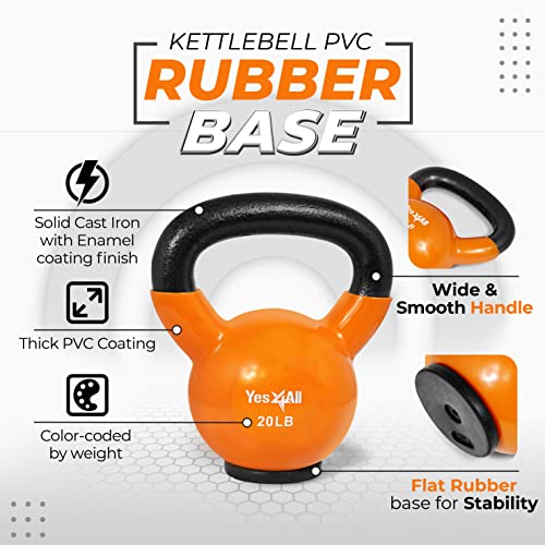 Yes4All Kettlebells Rubber Base, Kettlebell Set for Women, Strength Training Kettlebells Weights (10-65 lbs) - color: E. 20LB - Orange