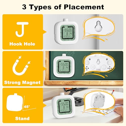 4 in 1 Visual Digital Timer Without Backlight, Easy Set Alarm Clock Humidity Temperature Monitor, Magnetic Wall Mount Kitchen Study Timer for Classroom Office Bedroom White - color: White