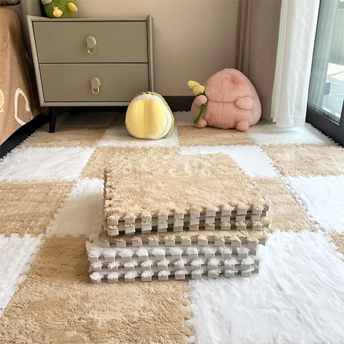 12Pcs Plush Foam Floor Mat,Plush Interlocking Carpet Tiles,Anti-Slip Square Puzzle Floor Mat,EVA Foam Area Rugs for Bedroom Playroom (White + Beige) - color: White + Beige
