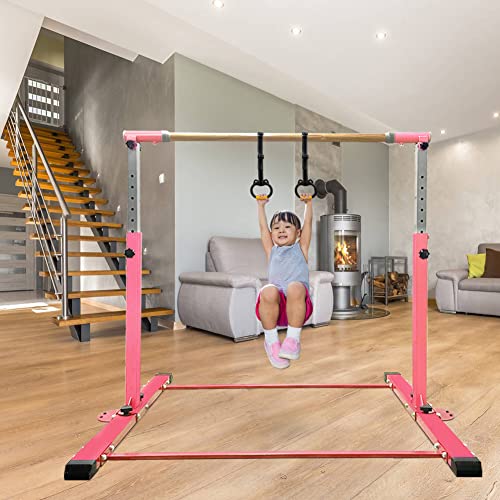 Gymnastics Bar for Kids Girls Ages 3-15 with Ring for Home Indoor Training Equipment- Steady Steel Construction, Anti-Slip, Easy to Assemble, 3' to 5' Adjustable Height - color: PINK, size: 4.8FT, style: WITH RING