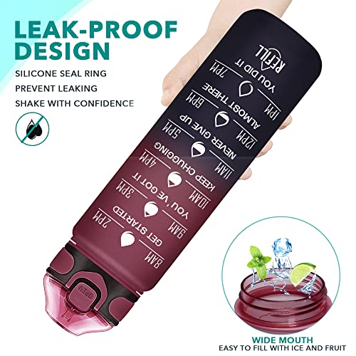 Enerbone 32 oz Drinking Water Bottle with Times to Drink and Straw, Motivational with Carrying Strap, Leakproof BPA & Toxic Free, Ensure You Drink Enough Water for Fitness Gym Outdoor - color: Red Blue