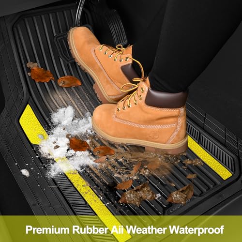 CAR PASS Yellow Car Mats Metallic, Aluminum Film All Weather Rubber Lemon Yellow car Floor Mats Waterproof Universal Trim to Fit SUV Sedan Van Truck 4 Piece Deep Dish Heavy Sporty Black Yellow Chrome - color: Black Yellow