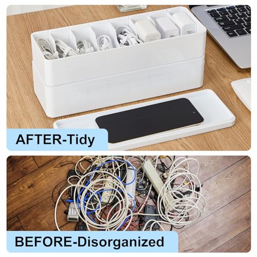 Tatuo 2 Pcs Cord Organizer for Drawer Desktop, Cable Organizer Box with 8 Compartments and Wire Ties, Plastic Charger Storage with Lid, Electronics Case for Home Office Accessories (Small,White) - color: White