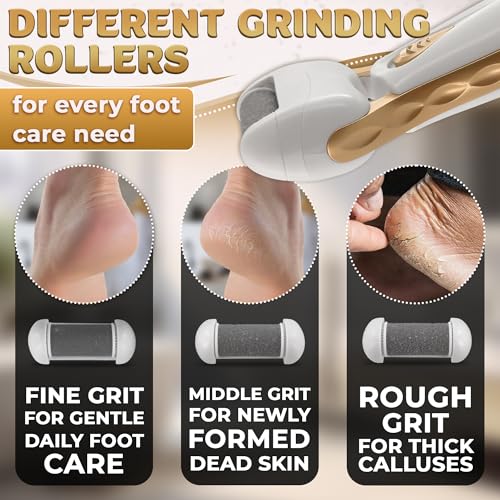 Electric Callus Remover for Feet – Electric Foot Filer with 3 Replacement Rollers & 360° Rotating Head – Hard Skin Remover for Feet with Ergonomic Handle for Easy Grip & Control in Home Pedicure - color: Gold Callus Remover