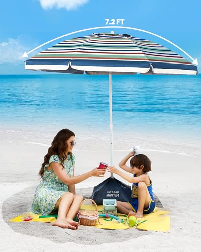 OutdoorMaster 7.2ft Beach Umbrellas for Sand with Sandbag & Anchor | 7.2ft Adjustable Umbrella for Beach, Wind Resistant, Portable UPF50+ Sunshade with Carry Bag for Patio - color: Blue Red Striped