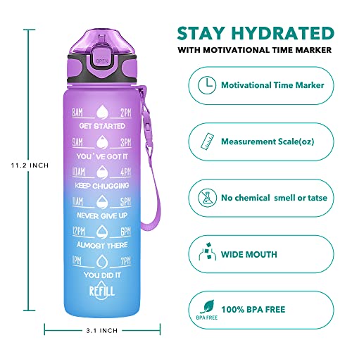 Enerbone 32 oz Drinking Water Bottle with Times to Drink and Straw, Motivational with Carrying Strap, Leakproof BPA & Toxic Free, Ensure You Drink Enough Water for Fitness Gym Outdoor - color: Purple Blue