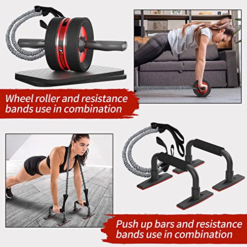 EnterSports AB Wheel Roller, 6-in-1 Exercise Roller Wheel Kit with Knee Pad, Resistance Bands, Pad Push Up Bars Handles Grips, Perfect Home Gym Equipment for Men Women Abdominal Roller (Red)