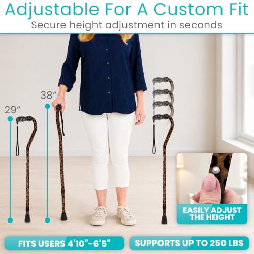 Vive Walking Cane for Women, Men, Elderly - Patented Offset Grip - Lightweight Adjustable Walking Aid with a Non-Slip Tip - Sturdy Balancing Mobility Aid for Seniors - color: Leopard
