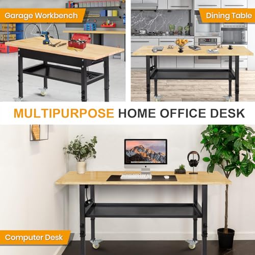 48"/60'' Adjustable Workbench, Rubber Wood Top Work Bench | Heavy-Duty work table with Power Outlet, Wheels, Partition 2000 LBS Load Capacity Hardwood work benches for garage, Workshop - size: with socket, partition and wheels, 60