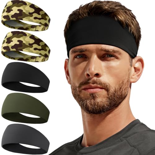 Sweat Band, 5 Pack Headband Moisture Wicking for Running Sports | Workout Sweatband, Unisex Fit, Non-Slip, Skin-Friendly, Multi-Use, Perfect for Exercise, Lightweight - color: 2 Green Camo+Black+Green+Dark Gray