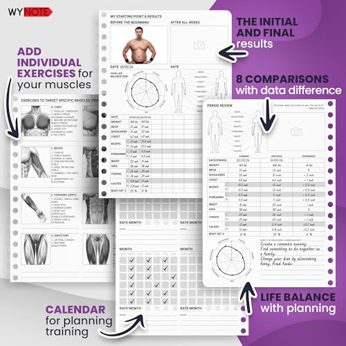 Fitness Journal Royal Purple on 150+ Workouts + Yearly Calendar + 55 Tracking Values - A5 Workout Journal with Fat tracking - Planner to 12 items to track + 7 comparative periods + Goals