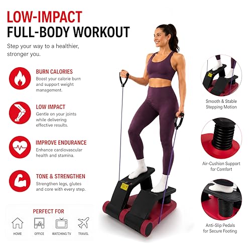 Air Stepper Exercise Machine with Resistance Bands, 5-Level Adjustable Resistance, 300 lb Capacity Stair Stepper with LED Monitor, Low-Impact Home Cardio and Full Body Workout Equipment - color: Red / Black