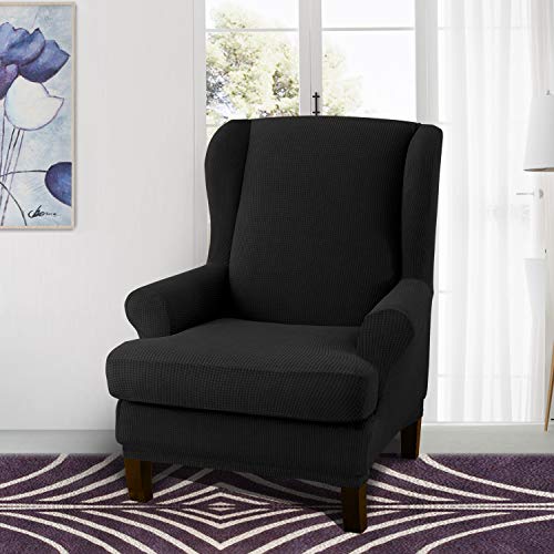 Granbest Premium Water Repellent Wingback Chair Cover 2-Piece High Stretch Jacquard Fabric Wing Back Chair Slipcovers (Wing Chair Cover, Black) - color: Black