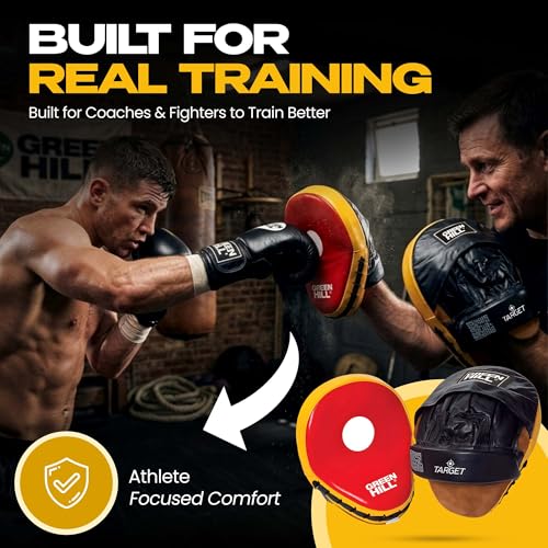 Green Hill Curved Boxing Focus Mitts for MMA, Muay Thai & Boxing - color: RED/YELLOW/BLACK