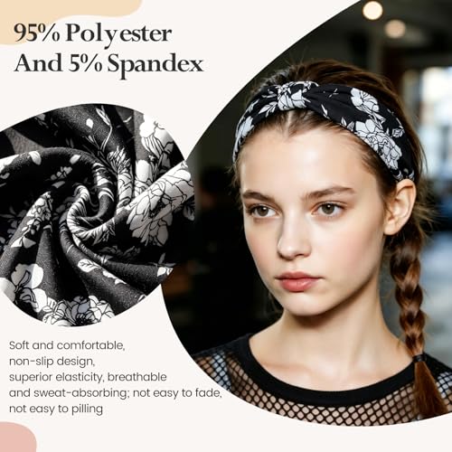 HSEM Wide Headbands for Women 6-Pack – Non-Slip Boho Hair Bands, Thick Elastic Flower Head Bands – Large Knotted Soft Stretchy Sweat Bands for Sports, Yoga, Washing Face, Makeup, Running, Spa - color: X-Colorful-2-9