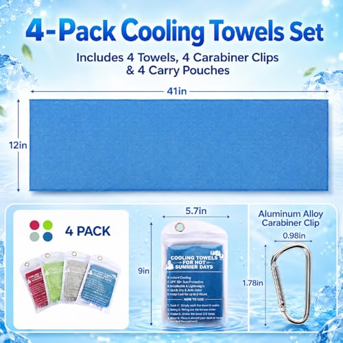 PJT Cooling Towels for Neck and Face, 40" x 12" Ice Silk Microfiber Towels for Hot Weather Outdoor Golf, Instant Cool Touch Breathable Sports Towels for Gym, Running, Yoga, Camping, 4 Pack