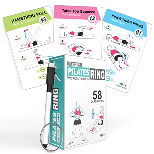 Flexies Pilates Ring Workout Cards | 58 Exercise Cards with Postures, Breathing Tips & Intensity Levels | Waterproof Color-Coded Pilates Flash Cards with Dry-Erase Marker