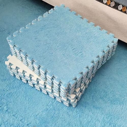 Thickened Soft Plush Foam Interlocking Floor Carpet Mat, 24 Pcs 12x12x0.4 Inch Fluffy Square Puzzle Foam Carpet Tiles with Edgings(Color:Light Blue) - color: Light Blue