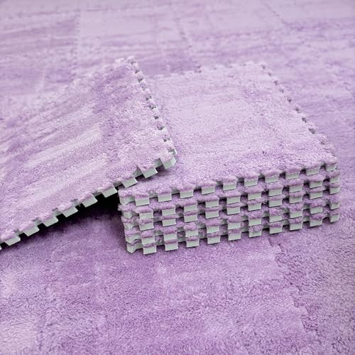 Thickened Soft Plush Foam Interlocking Floor Carpet Mat, 24 Pcs 12x12x0.4 Inch Fluffy Square Puzzle Foam Carpet Tiles with Edgings(Color:Light Purple) - color: Light Purple