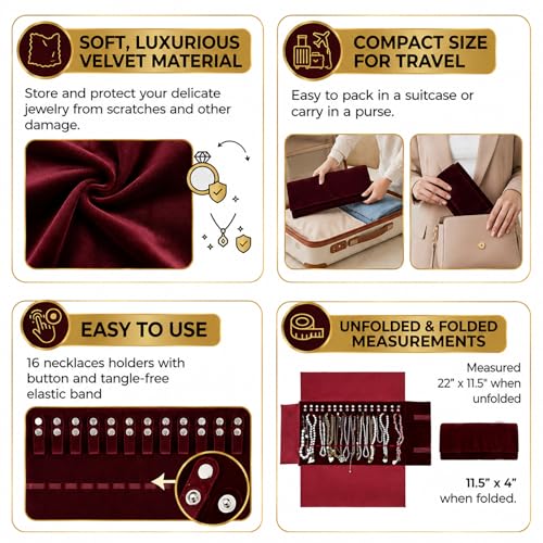 UnionPlus Velvet Travel Jewelry Roll Bag Organizer for Necklace, Elastic Band and Anti-winding, Burgundy - color: Burgundy, size: Medium