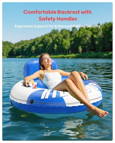 QPAU Inflatable River Tube, 0.4 mm Thickened Puncture-Resistant Heavy Duty River Float, River Raft with Ergonomic Backrest, Mesh Bottom & 2 Cup Holders for Adults and Friends Lake Float - color: Blue&White