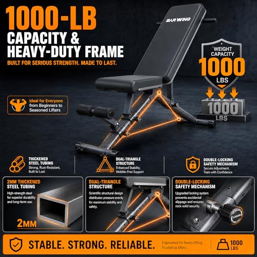 BARWING Adjustable Weight Bench Workout Bench, 1000/1300 LBS Heavy Duty Incline Decline Bench for Home Gym, Easy Assembly Foldable Training Lifting Bench - color: FULL BLACK