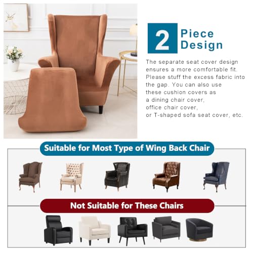 NILUOH Thick Velvet Wingback Chair Slipcovers 2-Piece, Stretch Wing Chair Covers Soft Sofa Slipcover Wing Back Armchair Cover Furniture Protector for Living Room - color: Red-camel