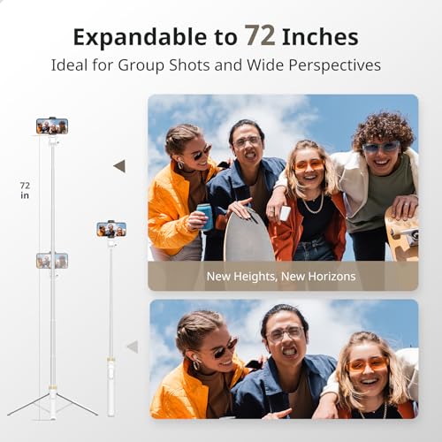SENSYNE 72" Phone Tripod, Extendable for iPhone & Selfie Stick with Detachable Phone Holder & Wireless Remote, Compatible with All Cell Phones, Camera (White) - color: White