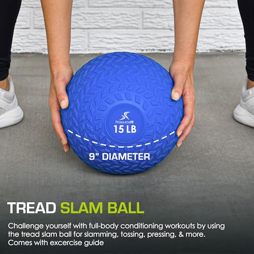 ProsourceFit Slam Medicine Balls 5, 10, 15, 20, 25, 30, 50lbs Smooth and Tread Textured Grip Dead Weight Balls for Strength and Conditioning Exercises, Cardio and Core Workouts - color: Blue, size: 15 lb