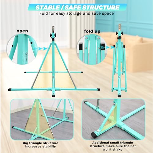 FC FUNCHEER Foldable Gymnastics Bar,5FT Horizontal bar,Adjustable Kids Training bar for Kids Ages 3-15,Kids Gymnastics bar,Triangle Stable Structure-Gym Equipment for Home - color: Teal, style: Bar-Swing-Rings