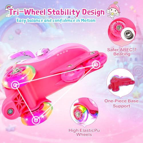 HYKID Toddler Roller Skates, 4 Adjustable Sizes, Fun Illuminating, Safety Three-Point Type, Breathable Upper, Beginners' Roller Skates for Girls Boys Kids - color: Lovely Angel, size: Little Kid (11C-1Y)