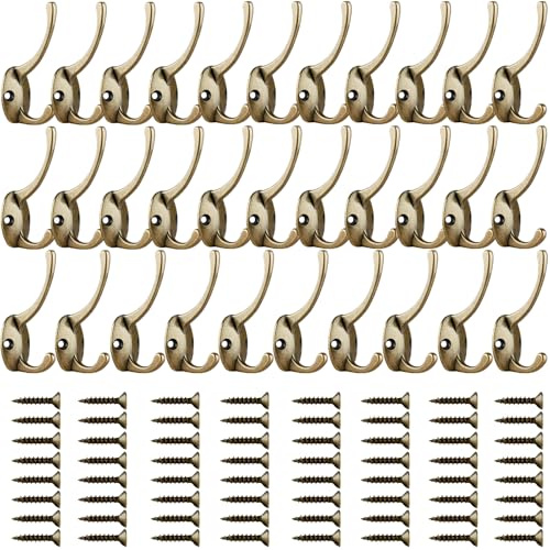 IBosins 32 Pack Antique Brass Coat Hooks Wall Mounted with 64 Screws Retro Double Hooks Utility Hooks for Coat, Scarf, Bag, Towel, Key, Cap, Cup, Hat - color: 32 Pcs Antique Brass