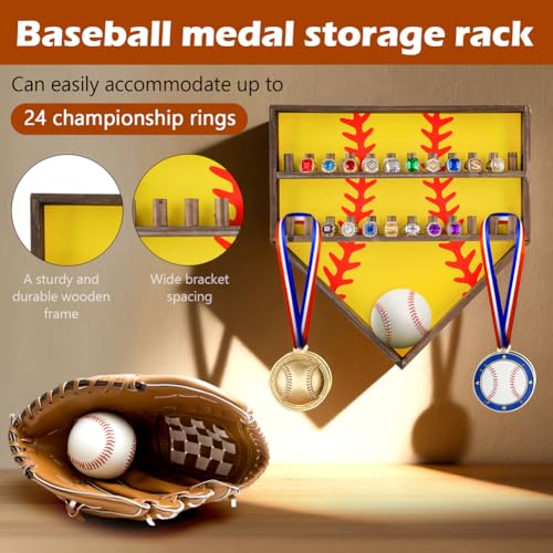 Wooden Championship Ring Display Case for 24 Rings with Medal Hooks | Wall Mounted Wood Ring Holder, Fits Most Ring Sizes, Includes Medal Hooks and Baseball Stand, For Sports Awards Room Decor