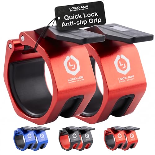 Lock-Jaw Metal Barbell Collars - Barbell Clamps - 1 Pair – Heavy Duty Bar Clamps for 2” & 50mm Olympic Bars – Secure Weight Bar Clamps for Strength Training & Home Gym Accessories - color: Red