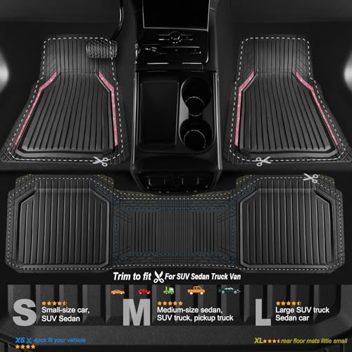 CAR PASS Pink Heavy Duty Rubber Floor Mats for Car, Waterproof Liner Deep Dish Bling Car Mats Full Sets, Universal Trim to Fit for SUV Truck Sedans Vans, All Weather Floor Mats, Pink Sparkly - color: Bling Black Pink