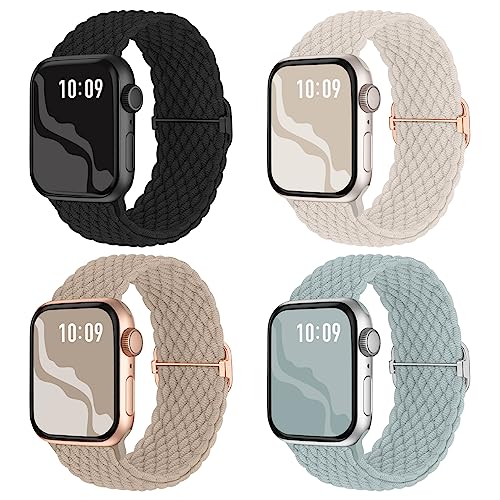 4 Pack Braided Stretchy Bands Compatible with Apple Watch 40mm 41mm 38mm 42mm 44mm 45mm 46mm 49mm Women Men, Breathable Nylon Elastic Daily Use Straps for iWatch Series 11/10 9 8 7 6 5 4 3 SE/Ultra 2 - color: Black/Starlight/MilkTea/Succulent, size: 38mm/