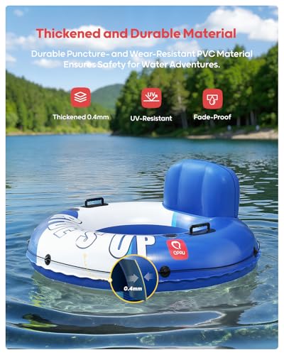 QPAU Inflatable River Tube, 0.4 mm Thickened Puncture-Resistant Heavy Duty River Float, River Raft with Ergonomic Backrest, Mesh Bottom & 2 Cup Holders for Adults and Friends Lake Float - color: Blue&White