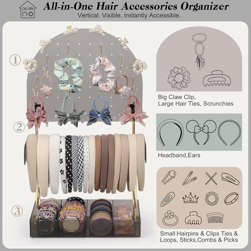 Keebofly Hair Accessories Organizer & Headband Holder Stand, Smoky Grey & Gold-plated - color: Half_moon Grey Acrylic & Gold-Plated