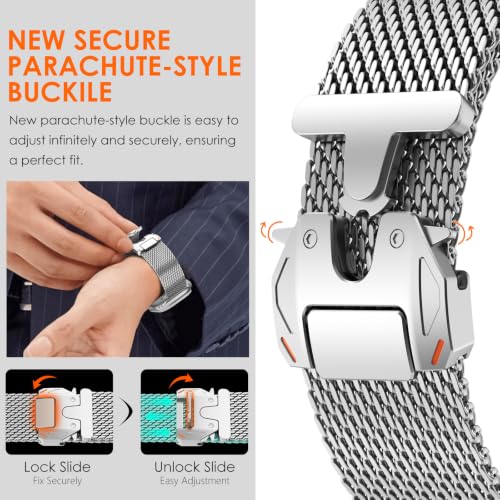WINGLE Milanese Loop for Apple Watch Band Ultra 3/2/1 Band Ultra 49mm Series 11 10 46mm 45mm 44mm SE 3/2/1 Series 9 8 7 6 5 4 3 Men Women,Parachute-Style Buckle Stainless Steel Mesh Metal iWatch Bands - color: Silver