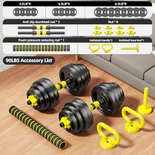 Adjustable Dumbbell Set, 10-90lbs Free Weights with Connector – 4 in 1 Dumbbells, Barbell, Kettlebell & Push Up Stand, Adjustable Weights Set for Home Gym Fitness Equipment for Men & Women - color: Yellow 90lbs (45lbs*2)