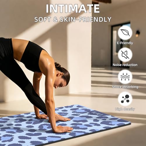 ILILI Yoga Mat Leopard Print Yoga Mat 8mm, Suede & TPE Thick Exercise Mat, Workout Mat for Women Men, 72''x25'' Fitness Mat with Strap for Home Gym, Yoga, Pilates, Stretching - color: Blue