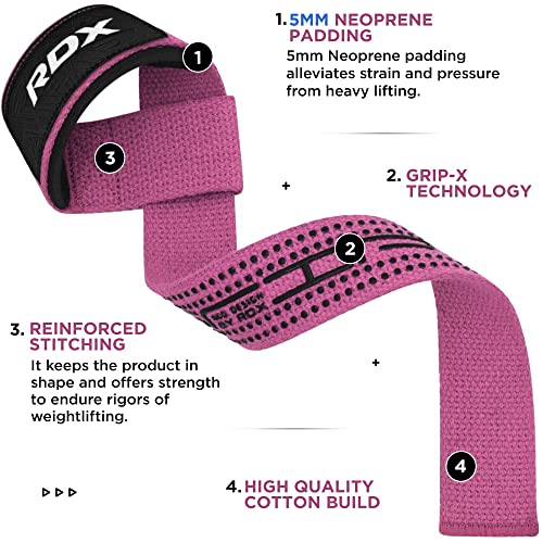 RDX Lifting Straps for Weightlifting –100% Cotton Heavy Duty Gym Wrist Strap with 5MM Neoprene Padding, 60CM Anti-Slip Hand Grip Wraps for Deadlifts Powerlifting Workouts Strength Training, Men Women - color: Dotted Pink