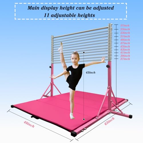 Gymnastics Bar for Kids Girls Ages 3-15 with Ring for Home Indoor Training Equipment- Steady Steel Construction, Anti-Slip, Easy to Assemble, 3' to 5' Adjustable Height - color: PINK, size: 4.8FT, style: FOLDABLE BAR WITH MAT&RING
