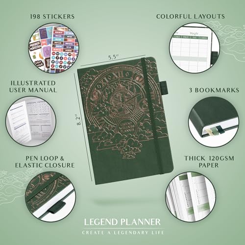 Legend Wellness Planner & Food Journal – Daily Diet & Health Journal with Exercise & Weight Loss Tracker – Nutrition Diary, 6 Months (Forest Green) - color: Forest Green Gold Foil, size: A5 (5.8” x 8.3”)