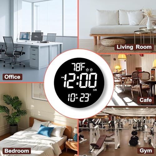 QINFIEY Large 12" White Digital Wall Clock with Remote Control | LED Display Plug-in Clock with 3 Brightness Levels & Temperature Display Perfect for Home, Gym, Classroom, Office - color: White, size: 12 Inch